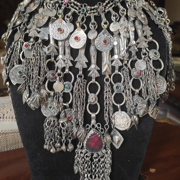 Afghan Vintage Oversized Tribal Bib Necklace, Oversized Choker, Vintage Boho - Picture 1 of 6